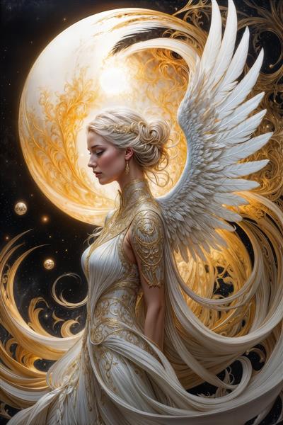 فرشته در حال عبادت با بال‌های گشوده و پس‌زمینه ماه طلایی برای پوستر دیواری فضاهای عرفانی و لابی ساختمان