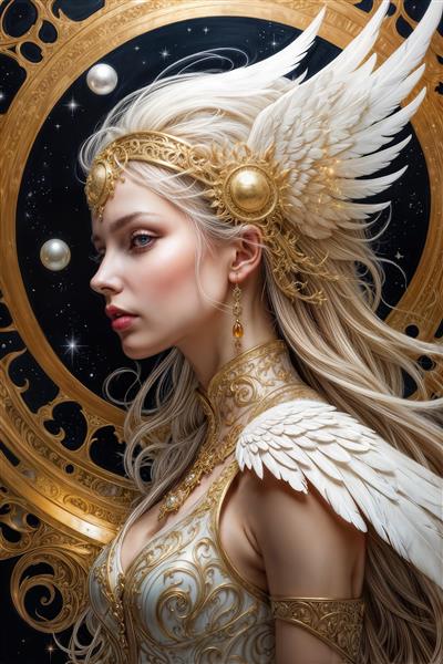 طرح گرافیکی فرشته با تاج خورشیدی و مروارید در آسمان شب ویژه پوستر دیواری سالن‌های ماساژ و اتاق مدیتیشن