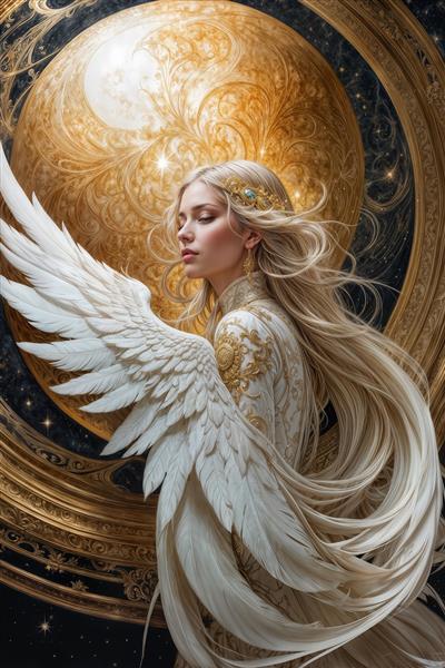 نیم‌رخ فرشته زیبا با بال‌های پردار و تزئینات طلایی مناسب برای پوستر دیواری اتاق خواب و مراکز آرامش