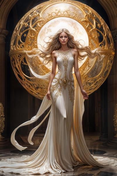بانو با لباس بلند سلطنتی جلوی ماه تابان و ستون‌های سنگی ایده آل برای پوستر دیواری سه بعدی و قاب دکوراتیو