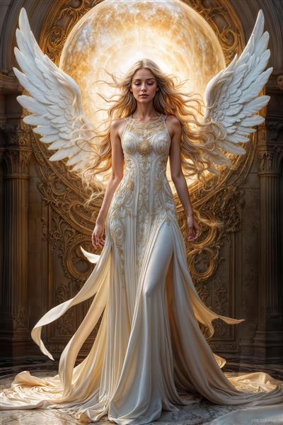 فرشته با بال‌های سپید بزرگ و لباس حریر در تالار مجلل طرحی معنوی برای پوستر دیواری سالن پذیرایی و هتل