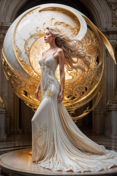 زن زیبا در لباس مجلسی سفید و طلایی کنار کره ماه تزئینی انتخابی عالی برای پوستر دیواری تالارهای پذیرایی و آتلیه