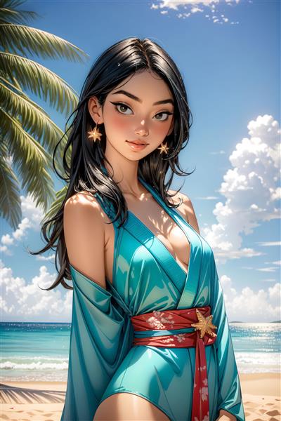 تصویر انیمه‌ای دختر در ساحل گرمسیری با لباس فیروزه‌ای مناسب برای پوستر دیواری اتاق خواب و دفتر خدماتی مسافرتی
