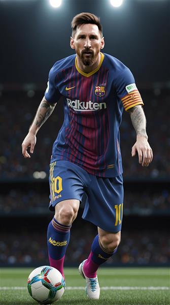 طرح باکیفیت لیونل مسی در لباس بارسلونا در حال بازی برای پوستر دیواری عریض سالن‌های ورزشی و گیم‌نت