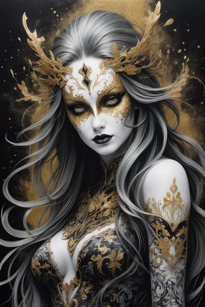 پوستر دیواری فانتزی دختر با نقاب طلایی و موهای خاکستری برای دیزاین اتاق خواب دخترانه و مزون لباس
