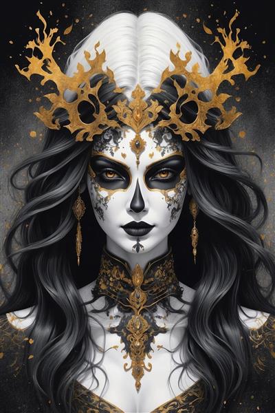 تصویر هنری زن با آرایش اسکلتی فانتزی سیاه و طلایی ویژه پوستر دیواری سه بعدی آرایشگاه زنانه و کلاب