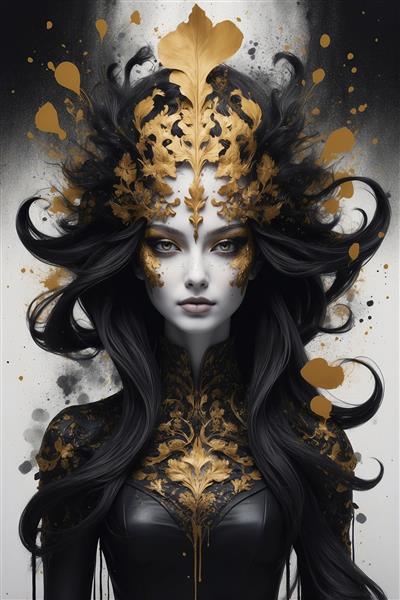پوستر دیواری لاکچری زن با تاج طلایی اسلیمی و موهای مشکی پرکلاغی ایده آل برای پشت میز پذیرش هتل و اتاق خواب