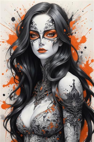 طرح زن با ماسک تزئینی و لکه‌های نارنجی مناسب برای تابلو دکوراتیو و پوستر دیواری مزون‌های فشن و نشیمن