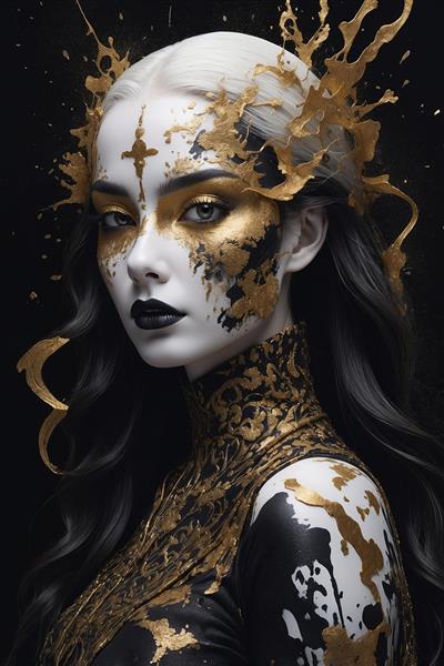 چهره فانتزی زن با آرایش طلایی و سیاه طرحی مدرن برای پوستر دیواری سالن‌های زیبایی لوکس و اتاق خواب