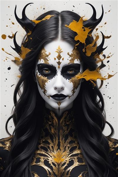 طرح انتزاعی زن با شاخ‌های سیاه و آرایش طلایی درخشان ایده آل برای چاپ روی رول آپ، بنر و دیوارهای دکوراتیو خاص