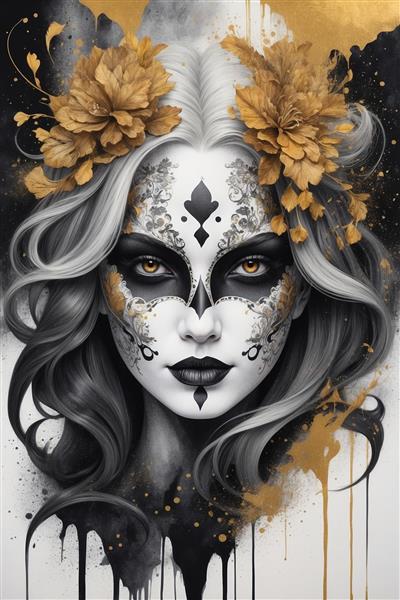 طرح لوکس زن با تاج گل طلایی و گریم صورت سیاه و سفید برای پوستر دیواری پشت تخت خواب و سالن‌های پذیرایی مدرن