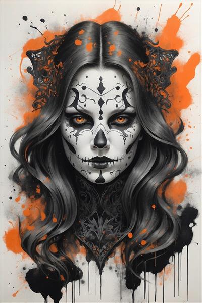 نقاشی دیجیتال زن با تم هالووین و رنگ‌های نارنجی و مشکی ویژه چاپ روی پرده، کوسن و پوسترهای دکوراتیو فانتزی