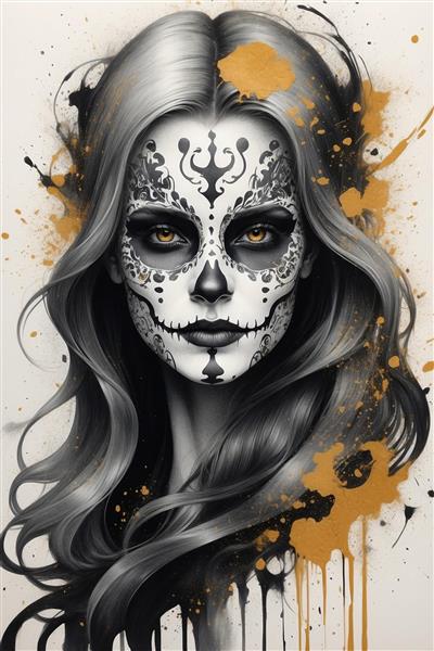 پوستر دیواری سیاه و سفید با گریم اسکلتی هنری و لکه‌های طلایی مناسب برای دکوراسیون کافی‌شاپ‌های خاص و آتلیه‌ها