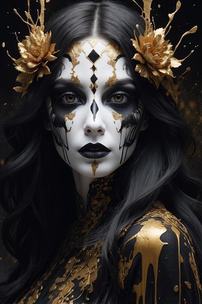 طرح سه بعدی زن با آرایش طلایی و مشکی و اکسسوری شاخ گوزنی لوکس برای کاغذ دیواری تالارهای تشریفات و لابی هتل