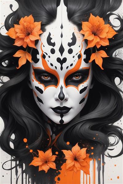 پوستر دیواری هنری فانتزی زن با گریم گل‌های نارنجی و تم تیره جذاب برای دکوراسیون سالن‌های زیبایی، آرایشگاه و گالری هنری