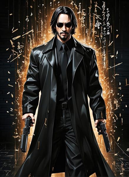 تصویر گرافیکی قهرمان فیلم اکشن با پس‌زمینه درخشان طلایی برای چاپ روی شاسی، قاب دکوراتیو و دیوارهای دکوراتیو مدرن