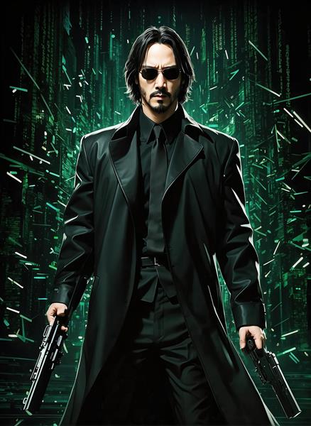 پوستر سه بعدی اکشن کیانو ریوز در نقش جان ویک با تم ماتریکس مناسب برای دکوراسیون گیم‌نت، اتاق گیمینگ و سینمای خانگی