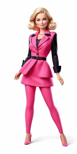 طرح هنری پوستر دیواری باربی با کت صورتی و آستین‌های مشکی برای چیدمان پشت میز مدیریت و فضاهای آوانگارد