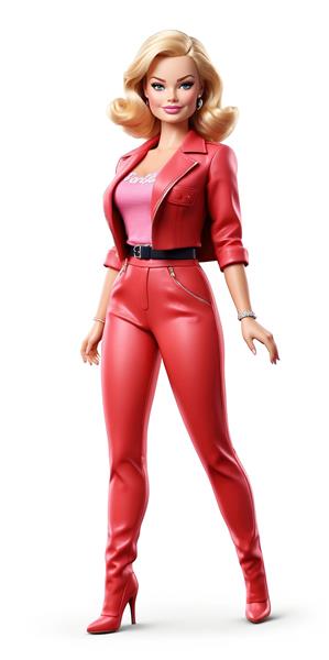 تصویر گرافیکی مارگو رابی با کاپشن چرم قرمز و تاپ صورتی باربی مناسب برای پوستر دیواری فروشگاه‌های پوشاک و اکسسوری