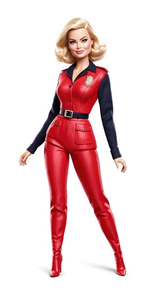 پوستر دیواری مدرن باربی با استایل یونیفرم قرمز و آستین‌های سرمه‌ای تیره ویژه تزیین اتاق نوجوان و فضاهای اداری خلاق