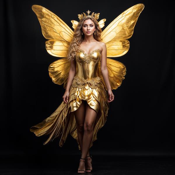 مدل لباس فانتزی با بال‌های طلایی و جزییات براق مناسب پوستر دیواری عمودی برای مزون و گالری هنری