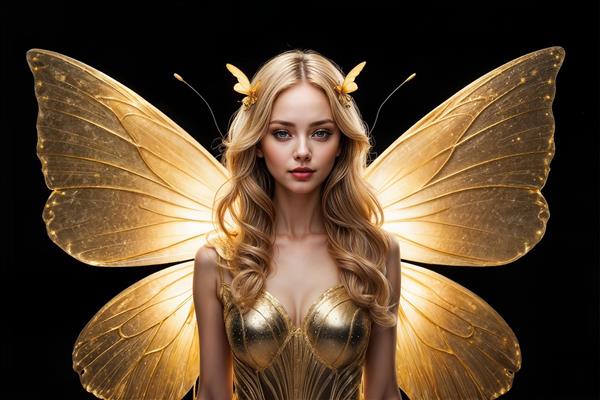 پرتره زن زیبا با شاخک‌ها و بال‌های پروانه‌ای طلایی ایده آل برای پوستر دیواری اتاق خواب دخترانه و مزون