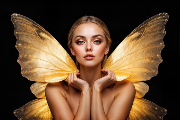 طرح گرافیکی چهره فرشته با بال‌های توری طلایی مخصوص چاپ روی محصولات دکوراتیو و دفترچه‌های فانتزی