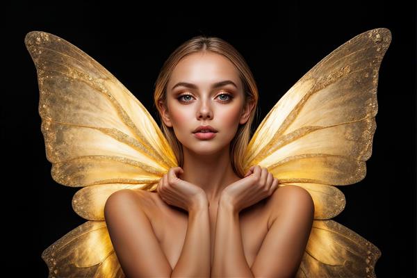 عکس باکیفیت زن فانتزی با بال‌های توری طلایی ویژه چاپ پرده‌های تصویری و روتختی‌های لوکس دونفره