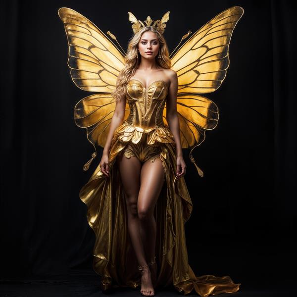 تصویر تمام قد ملکه پروانه‌ای با لباس مجلل طلایی مناسب برای تابلو دکوراتیو در ورودی هتل‌ها و عمارت‌ها