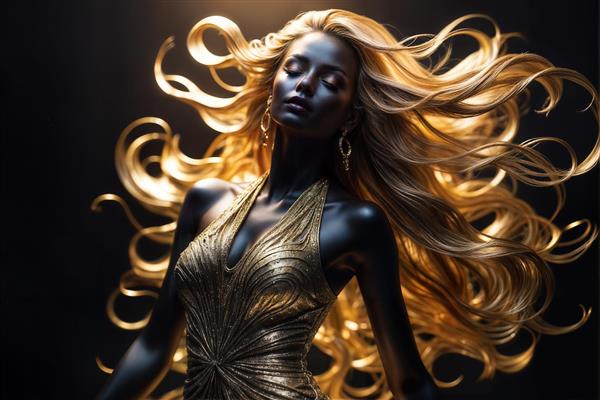پوستر دیواری مدرن چهره زن تیره با موهای طلایی درخشان برای دکوراسیون پشت میز مدیریت و محیط‌های هنری