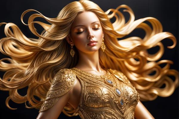 تصویر زن اشرافی با لباس زرهی طلایی و موهای افشان برای چاپ تابلو بوم لوکس در اتاق خواب مستر و تالارهای پذیرایی