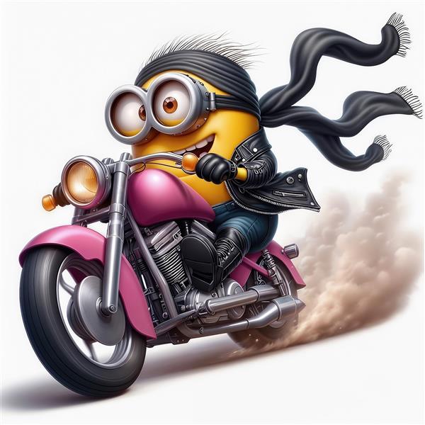مینیون در حال حرکت با موتور صورتی و دود غلیظ مناسب پوستر دیواری عریض و دکوراسیون مهیج
