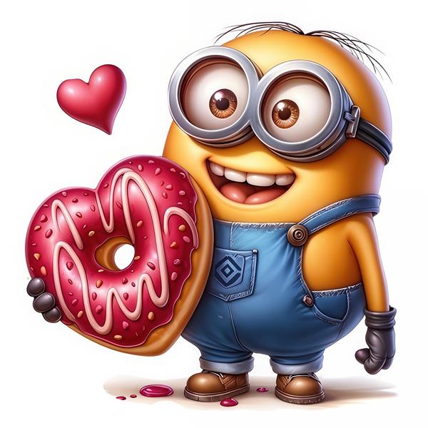 تصویر مینیون با دونات قلبی بزرگ ویژه پوستر دیواری فانتزی و چاپ روی کوسن و روتختی دخترانه