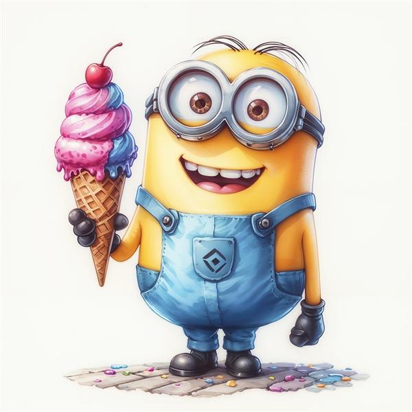 طرح مینیون با بستنی قیفی رنگارنگ مناسب پوستر دیواری کافی‌شاپ، آبمیوه فروشی و اتاق خواب کودک