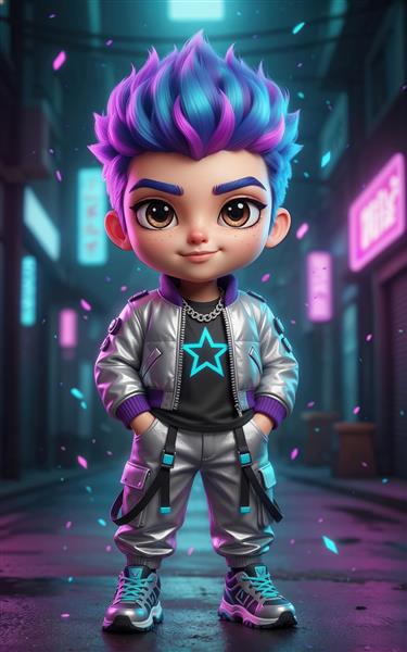 پوستر دیواری پسرانه با استایل فانتزی و موهای آبی بنفش مخصوص اتاق گیمینگ، فضای بازی کودکان و دکوراسیون اتاق پسرانه خلاقانه