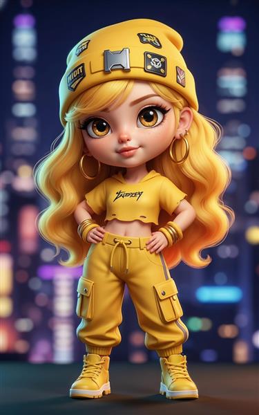 تصویر گرافیکی دختر هیپ‌هاپ با کلاه و لباس زرد در محیط شهر شبانه مخصوص پوستر دیواری کافی‌شاپ، باشگاه ورزشی و اتاق جوان