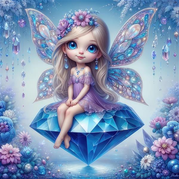 تصویر باکیفیت فرشته بلوند روی الماس آبی درخشان مخصوص پوستر دیواری لوکس اتاق کودک، مهدکودک، دکوراسیون مدرن و چاپ روی ماگ و بشقاب تزئینی