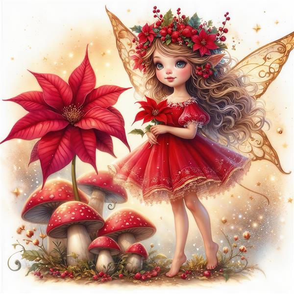 طرح گرافیکی فرشته کریسمس با لباس قرمز و گل بنت‌قنسول ویژه پوستر دیواری زمستانی، دکوراسیون ویلا، تالار و چاپ روی دفترچه و لوازم‌التحریر فانتزی
