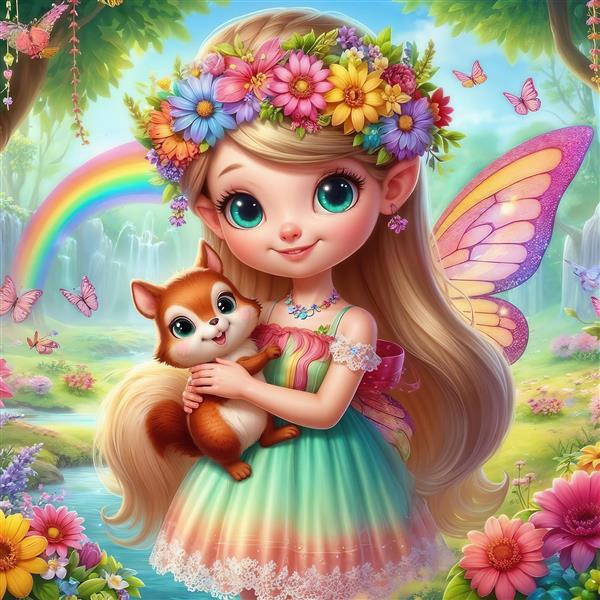 تصویر باکیفیت دختر جنگلی با تاج گل و سنجاب کوچک کنار رنگین‌کمان برای چاپ پوستر دیواری پانوراما، کتاب داستان کودکان و تابلوی دکوراتیو