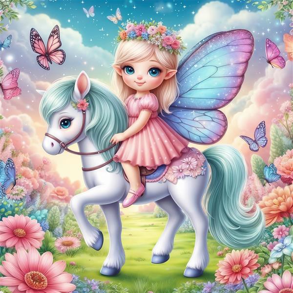 طرح پوستر دیواری اسب پونی بالدار و فرشته کوچولو در چمنزار گل‌گلی مناسب برای دیوارهای مهدکودک، اتاق بازی و سرویس خواب نوزاد