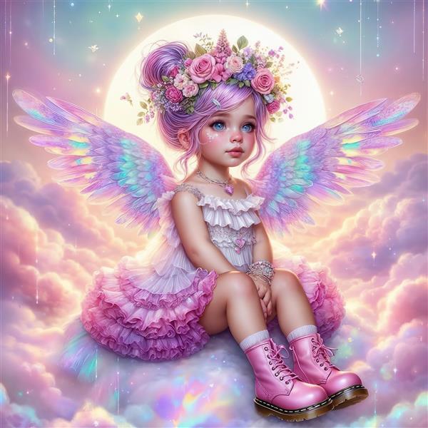 تصویر فانتزی فرشته غمگین روی ابرها با بال‌های رنگین‌کمانی و ماه درخشان برای چاپ پوستر دیواری عمودی، روتختی و دکوراسیون اتاق خواب رویایی