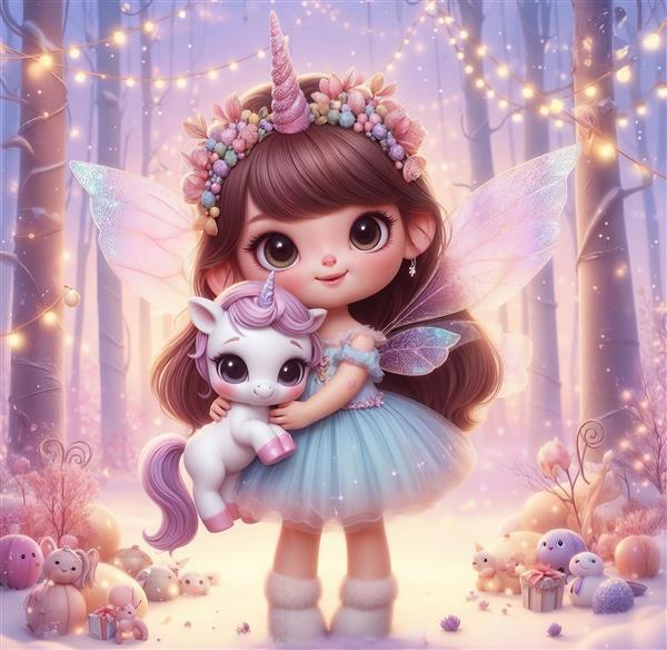 تصویر رویایی دختر فرشته و اسب تک‌شاخ در جنگل برفی و زمستانی مناسب برای روتختی دخترانه، پرده چاپی و پوستر دیواری سه بعدی اتاق خواب نونهالان