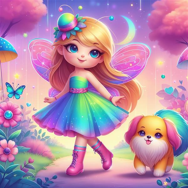 پوستر دیواری دنیای خیالی فرشته کوچولو و سگ فانتزی برای دکوراسیون مهدکودک و اتاق بازی