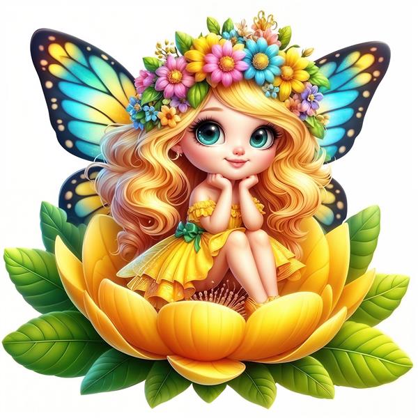 پوستر دیواری سه بعدی گل آفتابگردان و فرشته مو بلوند فانتزی برای تزیین دیوار اتاق دخترانه و سیسمونی