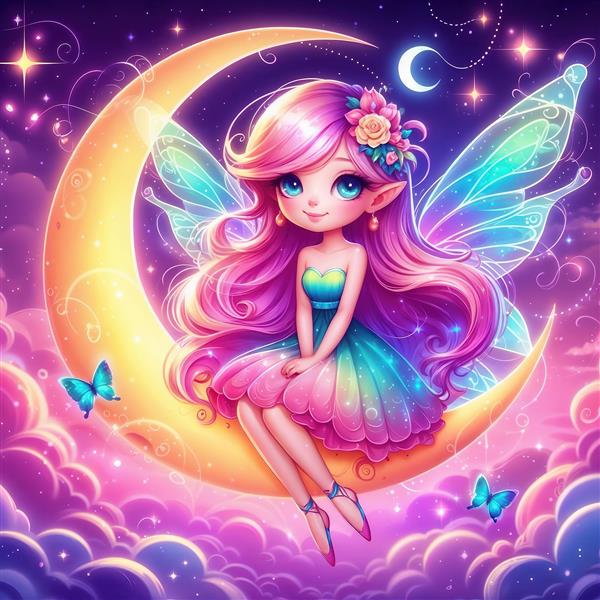 طرح آسمان شب و فرشته فانتزی نشسته روی ماه برای پوستر دیواری سقف و اتاق خواب کودک