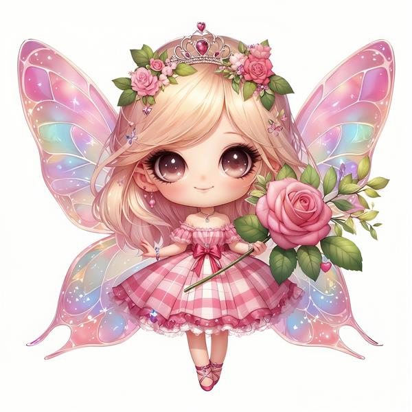 پوستر دیواری دخترانه کلاسیک طرح فرشته با لباس چهارخانه صورتی و شاخه گل رز برای تزیین اتاق خواب کلاسیک