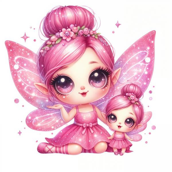 تصویر فانتزی مادر و فرزند فرشته با بال‌های اکلیلی صورتی ویژه چاپ روی پرده اتاق خواب دخترانه و کوسن‌های فانتزی