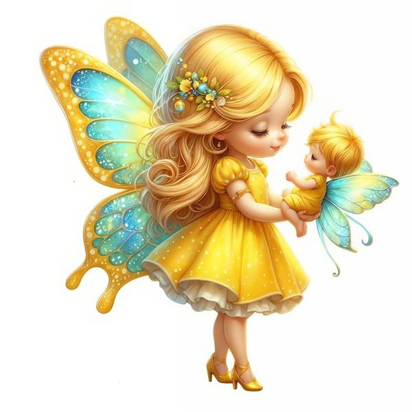 تصویر گرافیکی پری بالدار با نوزاد کوچک در آغوش با تم زرد و طلایی برای چاپ استیکر دیواری و پوستر اتاق کودک