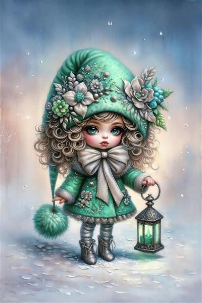 دختر فانتزی با کلاه نوک‌تیز زمستانی و فانوس در دست ویژه چاپ پوستر دیواری سه بعدی اتاق خواب و تابلوی دکوراتیو