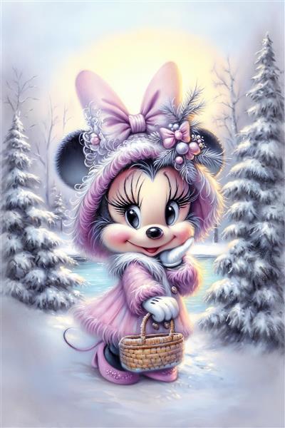 پوستر دیواری مینی‌موس با لباس زمستانی پشمی و سبد خرید در جنگل برفی ویژه دکوراسیون اتاق نوزاد و مهدکودک